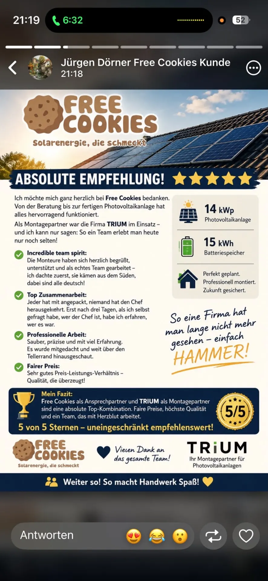 Kundenbewertung von Jürgen Dörner: Absolute Empfehlung für Free Cookies Solar mit 5 von 5 Sternen